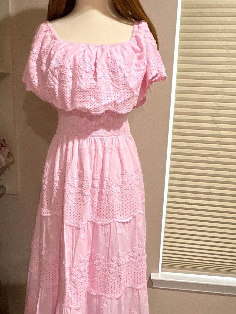 Solitaire Pink Off-Shoulder Eyelet Maxi Dress